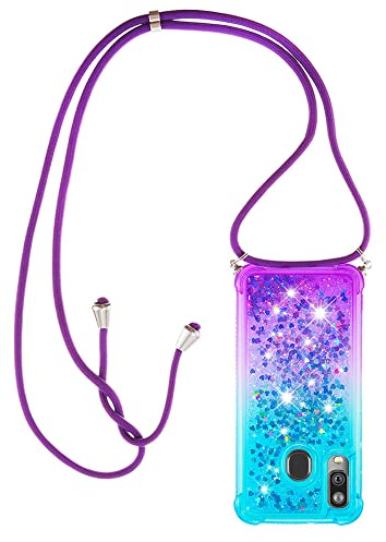 Paekear Halsband för Samsung Galaxy A40 silikonskal, flytande glitterflickor, kvinnor, axelbandsfodral och snodd, med justerbar snoddficka, blå och lila