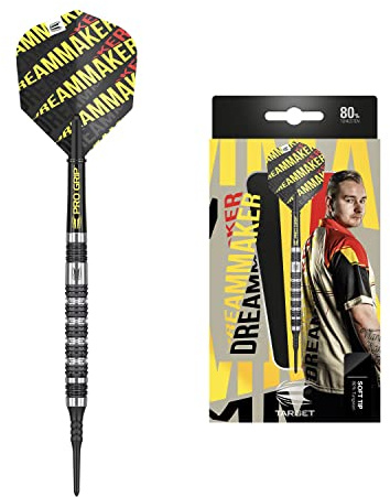 Target Darts Dimitri Van den Bergh Dream Maker-Set di Freccette con Punta Morbida in tungsteno, 80% Unisex, Nero, Giallo e Rosso, 18 g