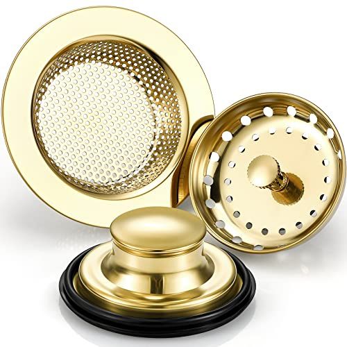 Mudder Lot de 3 filtres de siphon et bouchon en acier inoxydable avec poignée universelle, pour évier et broyeur de déchets de cuisine, anti-encrassement, tamis, passoire en forme de panier, Or clair