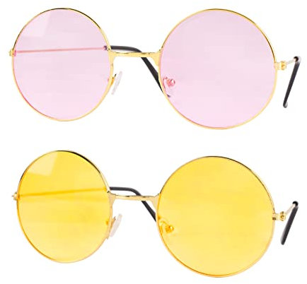 2 Paar Hippie Brille Brille Rund Retro Partybrille Kostüm Brille 60er 70er Jahre Vintage für Herren Damen Foto Requisiten Fasching JGA Karneval Tanz Urlaub Sommer Party (Rosa Gelb)