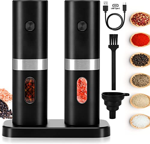 Electric Salt and Pepper Grinder Set, Stainless Steel Pepper Mill, USB Rechargeable, Adjustable Coarseness, Auto Grinders with Charging Base Blue LED Light, One-Handed Operation, Funnel (Black)