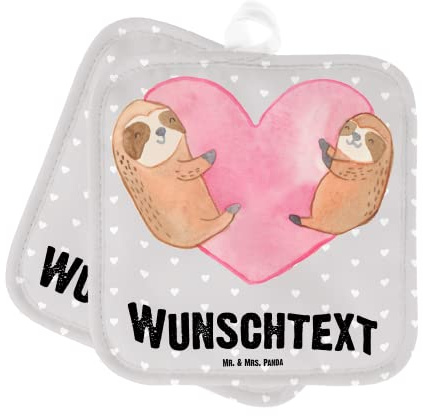Mr. & Mrs. Panda Topflappen selbst gestalten Faultiere Herz - Personalisierte Geschenke, Geschenk für Frauen, Küchenaccessoires personalisiert, Freundin, Valentinstag, Mitbringsel, Topfhandschuhe