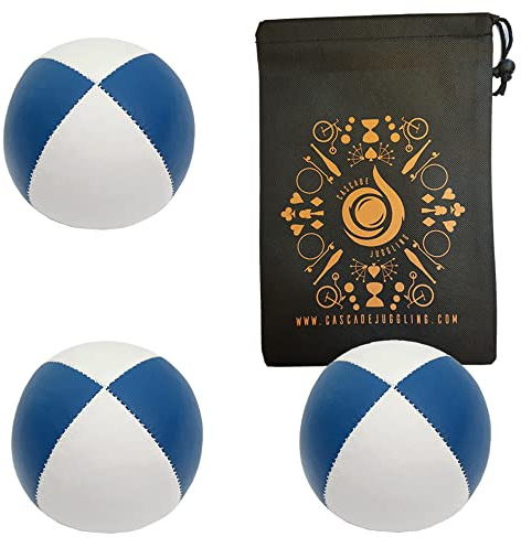 3 bolas de malabares Pro de 76 g en cascada – bolas de malabares de calidad de tamaño pequeño y bolsa – Juego de 3 bolas de malabares (azul y blanco)