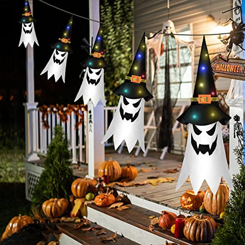 Halloween Decoracion, 5 Fantasmas Colgantes con Sombrero de Bruja, Luces de Hadas de Halloween con 10 Luces LED para Fiesta de Carnaval, patio de Halloween, árbol, Decoración de Porche