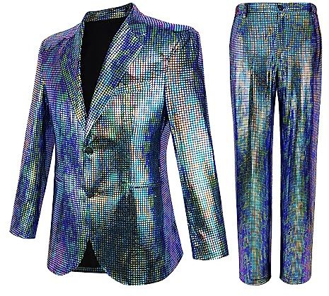 Nawgut Pailletten-Blazer Metallic Slim Suit 2-teiliges Set Disco Abschlussball Glänzendes Outfit Hochzeit Party Bankett Mode Jacke Hose, Schillernde Farbe, XX-Large