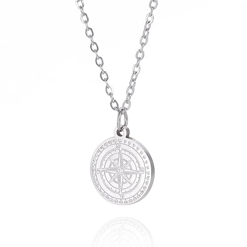 VASSAGO kompass halsband för män kvinnor nordstjärna kompass hänge halsband vintage nautisk examen medalj smycken amulett för män, Rostfritt stål