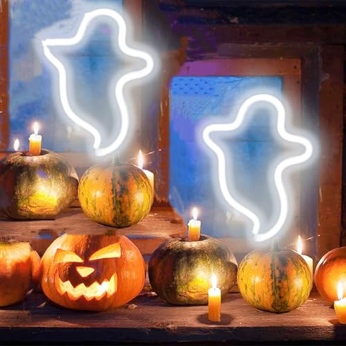 2Pack Ghost Halloween LED Neon Signs Horror Decorative Nightlamp Battery Powered Cordless Gothic Lights Halloween Indoor Scary Decorations for Bedroom Dorm Wall Window Christmas Party（White）