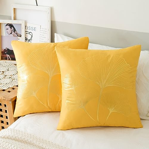 ETOLISHOP 2er Set Kissenbezug Gelb Kissenbezüge Ginkgo Biloba Samt Kissenbezug Moderne Zierkissenbezug Sofakissen Dekokissen Kissenhülle Set für Sofa Schlafzimmer Stuhl Auto Couchkissen 50x50cm