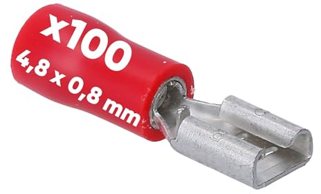 Kalitec 100x Flachsteckhülsen Rot 4,8x0,8-0,5-1,5mm² Kabelverbinder | Teilisolierte Steckverbinder aus Messing für Kfz und Industrie - PVC Kragen - Flachsteckverbinder für sichere Verbindung