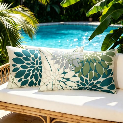 Azul Verde Fundas de Cojines 30x50 CM Exterior Dalia Fundas Cojines Impermeable Funda Cojin Exterior Decorativo Verano Sofa Moderno Lino por Salon Jardín Sofá Cojines Decoración 2 Piezas