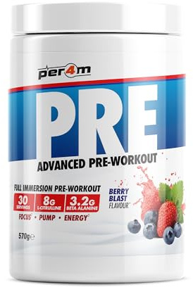 Per4m Pre Workout Powder | Intense Pump, Sustained Energy & Mental Focus | L-Citrulline, Beta Alanine & Caffeine & Added Hydration (570g, Berry Blast)
