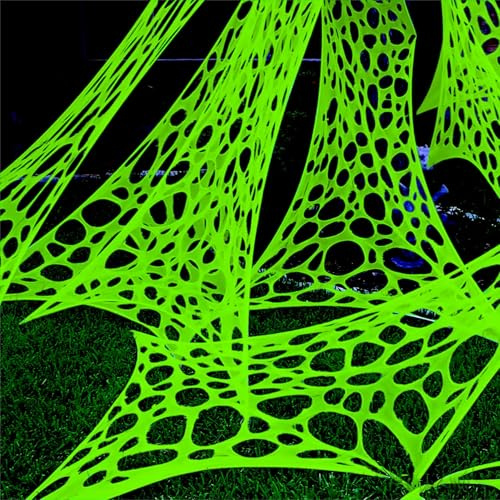 YHFUISK 700 sqft Giant Durable Spider Web for Halloween Decoration Outdoors, Glow in The Dark Stretchy Beef Netting, Green Giant Spider Web Outdoor Decoration (24FT x 4FT)