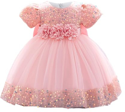 Cichic Flower Girl Dress Summer Puffy Sequin Tulle Festival Party Wedding Baby Girls Bridesmaid Dresses Pink 12-24 Months