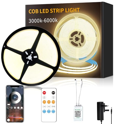 Yeewhale COB LED Strip Lights 3000K 15M 24V Dimmable Warm White LED Strip | with Remote and app Control and UKCA Power Supply LED Tape Lights,for DIY Home Decoration