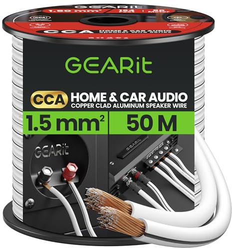 GEARit 2x1.5mm² Speaker Cable 50m, 16 Gauge Speaker Wire with Polarity Markings, 16AWG Copper Clad Aluminum CCA Audio Cable for In-Wall Home Cinema, Car Audio Stereo, HiFi Surround Sound(White)