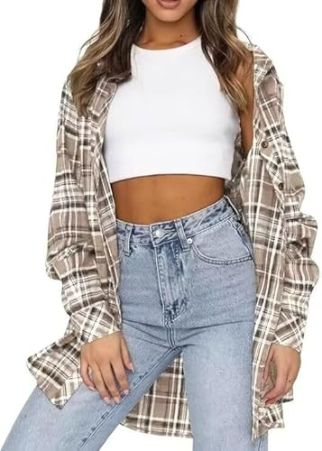 LACOZY Oversized Checked Shirts Womens Casual Buffalo Plaid Blouse Button Down Lightweight Tops Apricot Small