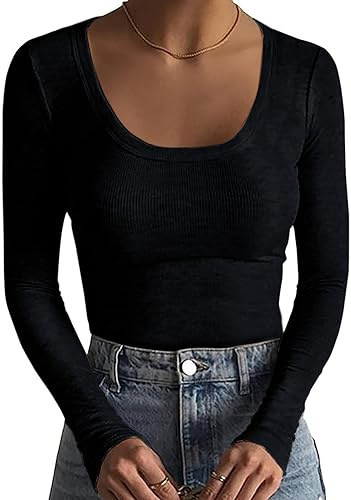 Basicspace Damen Basic Tops Casual Monochrome Stretch Geripptes Langarm T-Shirt Mode Leichtes Schwarz (Schwarz, S)