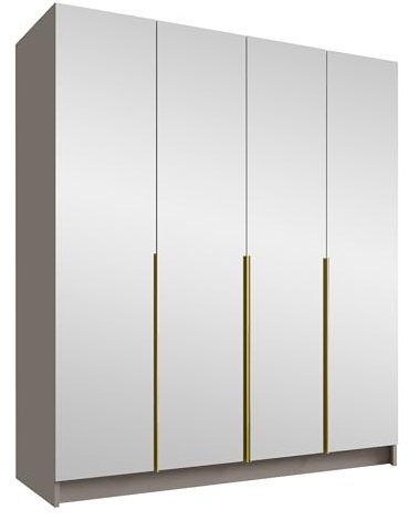 Mirjan24 Kleiderschrank mit Spiegeltüren, Einlegeböden und Kleiderstange Salkor III, Vielseitiger Drehtürenschrank, Elegantes Kleiderschrank 4-türig (Cashmere/Cashmere + Gold)