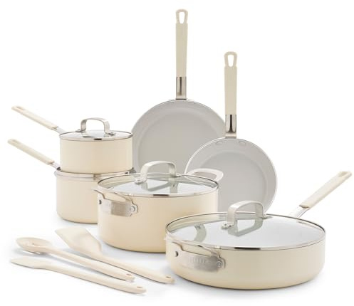 GreenPan x Bobby Flay - Juego de ollas y sartenes antiadherentes de 13 piezas, cerámica de diamante sin PFAS, apto para inducción, fácil de limpiar, apto para lavavajillas y horno, asas de silicona
