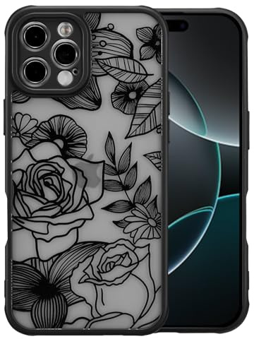 XIZYO Aesthetic Rose Flower Case for iPhone 16 Pro Max 6.9 Inch, Black | Cute Rose Floral Pattern, Translucent Frosted Touch, Luxury Women Girly Design, Soft TPU, Slim Thin, Shockproof Anti-Yellow