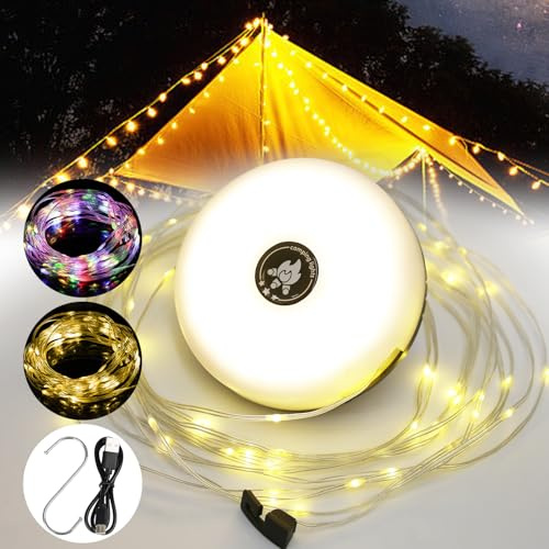 KWODE Guirlande Lumineuse de Camping, 10 mètres 3 en 1 portable outdoor LED String, USB rechargeable extensible Camping Light, 8 modes d'éclairage, pour le camping, la ferme et la randonnée