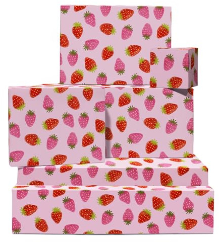 Jordgubbarpresentpapper - Central 23 - 6 ark rosa och röda jordgubbar - presentpapper för flickor - levereras med klistermärken