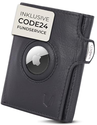 MAGATI Slim Wallet Il Santo (Schwarz) – Leder Kartenetui mit RFID-Schutz – Geldbeutel mit praktischen Fächern und AirTag Hülle – 1 Jahr Fundservice – kompatibel mit Apple AirTag 1 & 2
