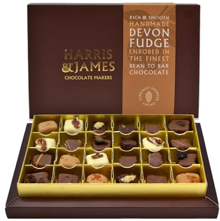 Harris & James Devon Fudge 24 Piece Gift Box. Handmade Luxury Fudge - Barista, Madagascan Vanilla, Pecan, Rum & Raisin, Salted Caramel & Zesty Stem Ginger. Enrobed In Our Bean To Bar Chocolate.