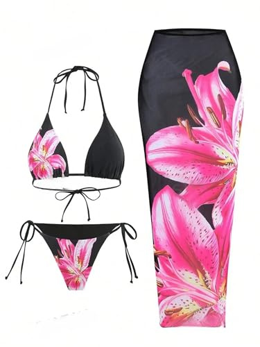 ZAFUL Womens 3pcs Swimsuit Floral Halter Triangle Bikini Top Tie Side Bottom with Long Sheer Cover Up Skirt Pink L