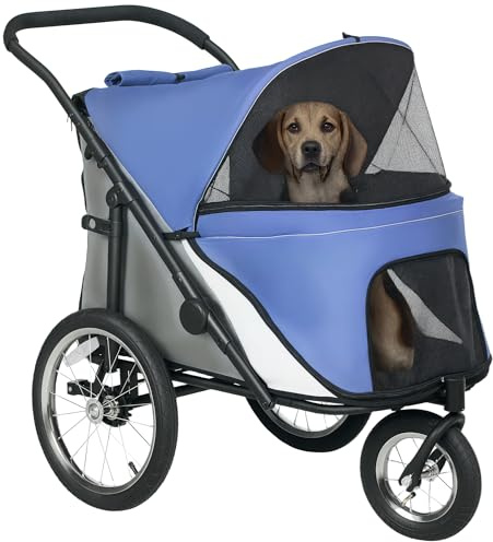PawHut Dog Stroller, Pet Stroller 3 Wheels with Easy One-Hand Fold, Rubber Wheels, Storage Bag, Soft Cushion, Safety Leash, for Small & Medium Dogs, Blue