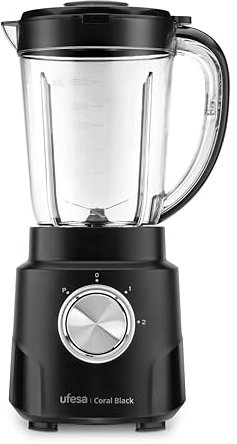 Frullatore da Tavolo Ufesa Coral Black, 600W di potenza, brocca in vetro da 1,5L, 4 lame estraibili in acciaio inox, 2 velocità + TURBO.