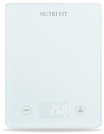 NUTRI FIT Báscula digital de cocina para pesaje de alimentos, pantalla LCD grande de vidrio templado, unidades en g ml para cocinar hornear, precisión de 3 kg-1 g, 3 pilas AAA, color negro