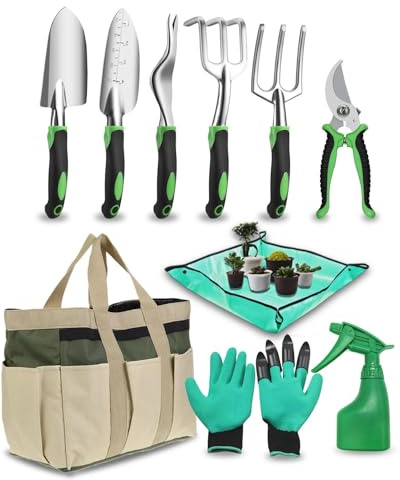 10 Pieces Garden Tools Set, Heavy Duty Garden Tools with Non-Slip Rubber Handle, Includes Shovel, Trowel, Fork, Rake, Gardening Gloves, Organiser, Handbag, Gifts for Men and Women