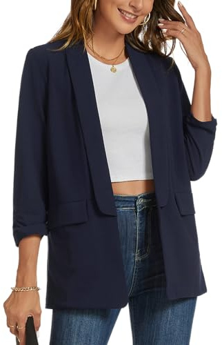 MINTLIMIT Womens Blazer Ruched 3/4 Sleeve 2025 Shawl Lapel Office Lightweight Open Front Casual Jackets with Pockets Navy Blue