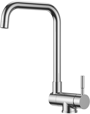FORIOUS Grifo Cocina, Grifos Cocina Fregadero con Función Giratorio 360° y Plegable, Diseño en Forma de L de Acero Inoxidable, Monomando Para Agua Caliente y Fría Torneira de Cozinha, Cromo Pulido