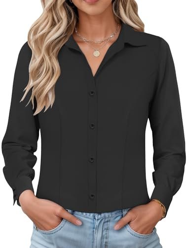 IECCP Camisa de vestir de manga larga para mujer, ajustada, formal, con botones, sin arrugas, elástica, para el trabajo, la oficina, informal, 2026, Negro, L