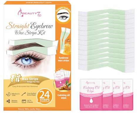 Beauty7 Waxing Strips for Eyebrows - Straight Shaper Pre-cut Eyebrows Wax Strips Kit - 24pcs Waxing Strips with 4pcs Cleaner Oil Wipes, Cold Wax Strips Facial Hair Removal