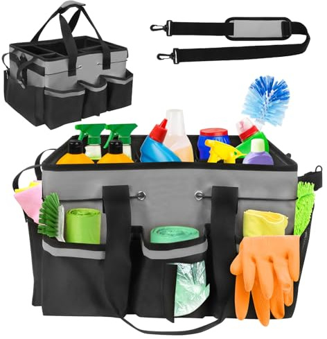 Cleaning Caddy Bag, Cleaning Caddy Organiser with Handle, Cleaning Bag for Cleaning Supplies, Garden, Car, Home (Grey)