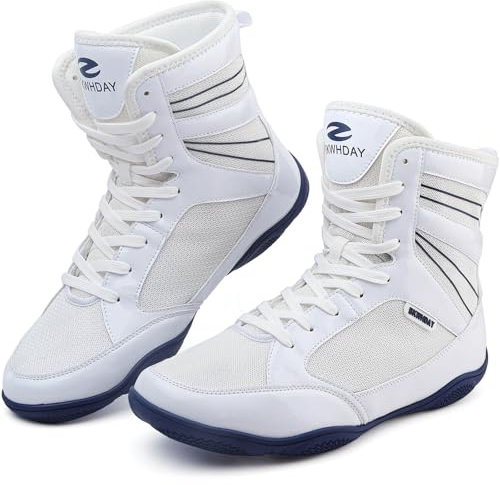 BKWHDAY Boxing Shoes Men Wrestling Shoe for Mens Weightlifting Powerlifting Deadlift Squatting High Top Fitness Zero Drop Whiteblue