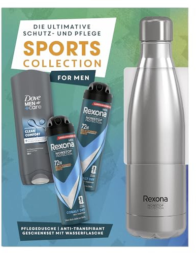 Rexona Geschenkset für Männer Sports Collection Pflegeset mit 2x Anti Transpirant (2x 150 ml), Pflegedusche (250 ml) und einer Trinkflasche aus Edelstahl (750 ml)