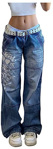 Generisch Jeans Baggy da Donna a Vita Bassa, Jeans Stretch a Gamba Dritta con Stampa Retro, Pantaloni a Zampa, Jeans Y2K, Jeans per Ragazze Adolescenti, Jeans Streetwear, Blu, S