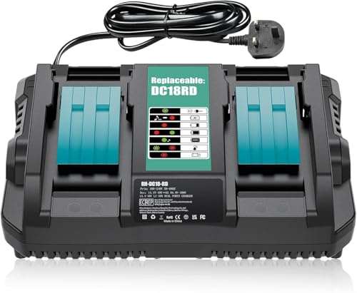 Battery Charger DC18RD Dual Port 6A, Compatible with Battery 18V-14.4V Li-ion BL1815 BL1820 BL1830 BL1850 BL1860 BL1840 BL1430, Drill Chainsaw Power Tool Battery Charger