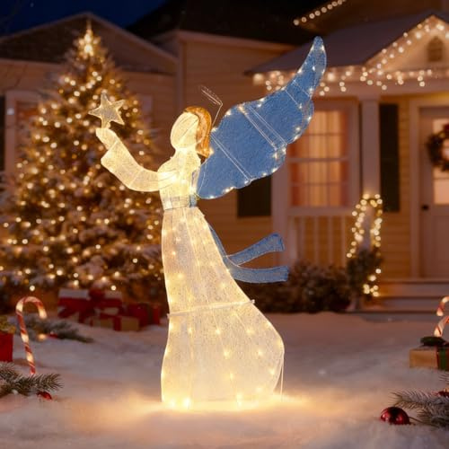 SOARS Weihnachtsengel Outdoor groß, 152cm Weihnachtsdekoration mit mit blauen Flügeln, Weihnachtsdeko mit 126 warmweiße LED-Lichtern, Weihnachten Engel, Weihnachtsbeleuchtung für außen und innen