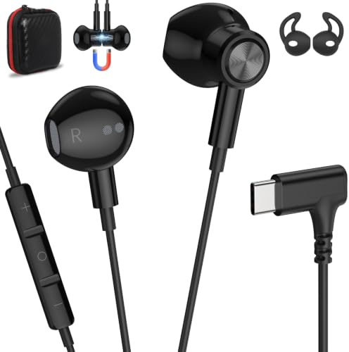 Écouteurs USB-C pour Honor 400 Smart 5G X9d X8d/Galaxy S26 S25 A17 A56,Noir | Écouteurs intra-auriculaires magnétiques coudés à 90° de type C Avec microphone et contrôle volume pour Google Pixel 10 9 8