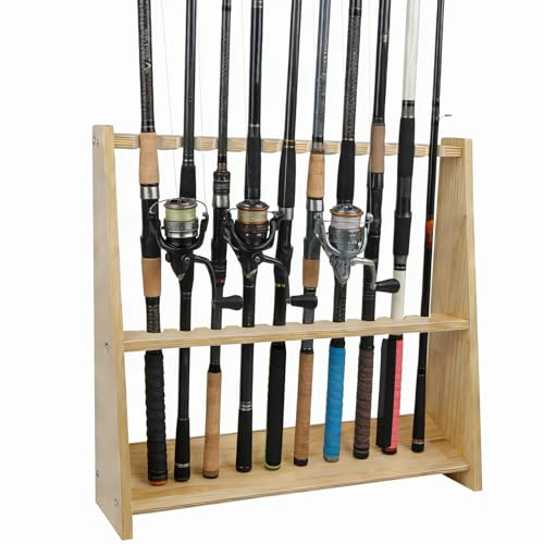 Soporte para 10 cañas de pescar de madera maciza con protección de fieltro