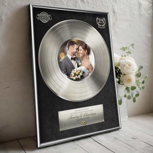 DUOMIO Geschenk für silberne Hochzeit/Goldene Schallplatte personalisiert inklusive edlem Rahmen | Größe, Design, Hintergrundfarbe frei-wählbar| Premium-Druck