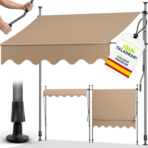 tillvex Toldo con manivela para balcón, sin agujeros, resistente a los rayos UV y altura regulable, protección solar para terraza y jardín impermeable (topo, 150 cm)