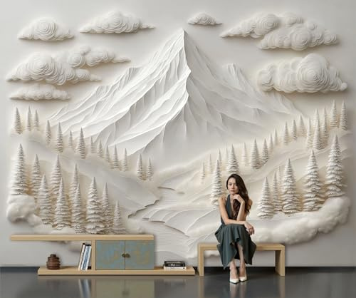 Carta da Parati Panoramica in Seta, 250x175cm Fotomurali Montagne Foresta Decorazione da Muro Pittura Paesaggistica Su Carta Ritagliata per Soggiorno Camera Ristorante e Decorazione da Parete, Bianco