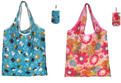 RevpoltIQ 2 Pack Foldable Shopping Bags, Cute Large Reusable Tote Bag with Hanging Loop, Waterproof Portable Fold Up Bag in Pouch for Grocery Shopping, Travel, Picnic and Daily Use