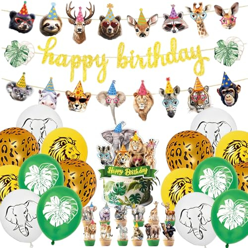 AUNGCSHE 32 Stück Dschungel Deko Geburtstag, Enthalten 16 Luftballon Tiere, 3 Girlande Geburtstag Tiere, 13 Dschungel Tortenaufleger, für Party Animals, Deko, Karnevals Party